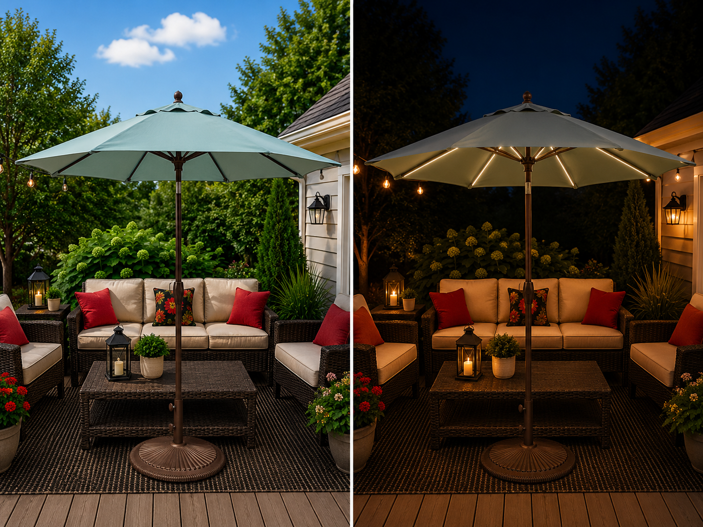 9 ft steel tilt patio umbrella in emerald coast 9' Starlux Twist Tilt Umbrella, Bronze Frame