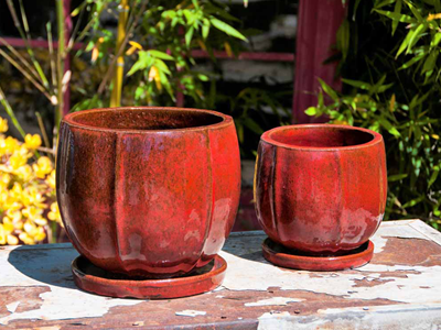 red planter with saucer Eggplant Planter Attached Saucer, Tropical Red
