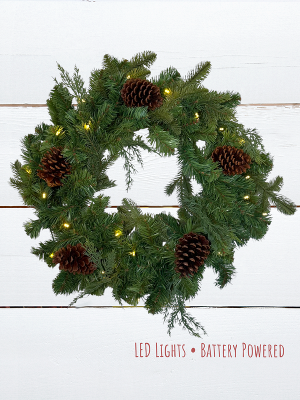 Spruce Green Wreath with Cones – 24" (Artificial, Pre-Lit)