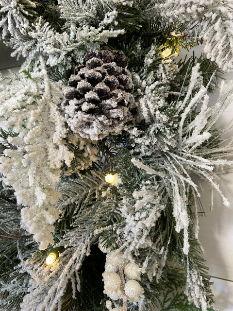 Flocked Wreath – 24" (Artificial, Pre-Lit)