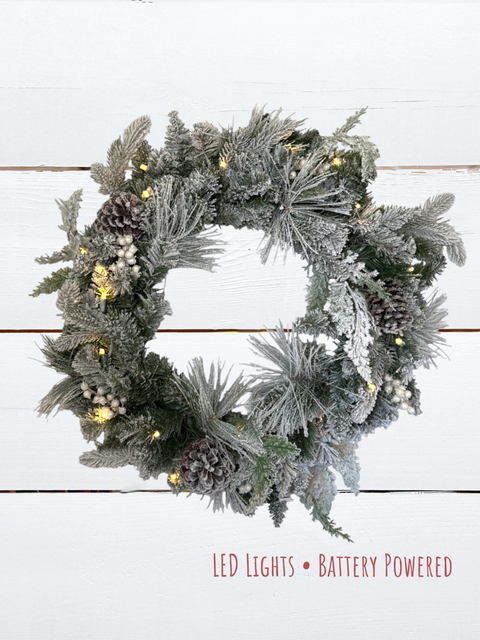 Flocked Wreath – 24" (Artificial, Pre-Lit)