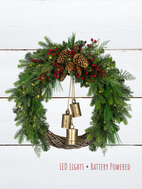 Grapevine Pine, Cone & Berry Wreath with Bells LED Warm White – 32" (Artificial, Pre-Lit)