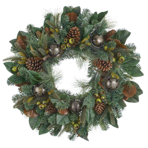 LED Bell, Cone & Pine Wreath Warm White – 28" (Artificial, Pre-Lit)