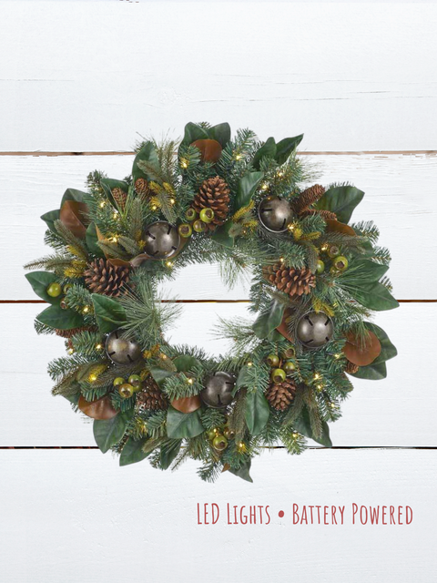 LED Bell, Cone & Pine Wreath Warm White – 28" (Artificial, Pre-Lit)