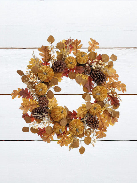 Pumpkin, Pinecone & Oak Leaf Wreath – 24" (Artificial)