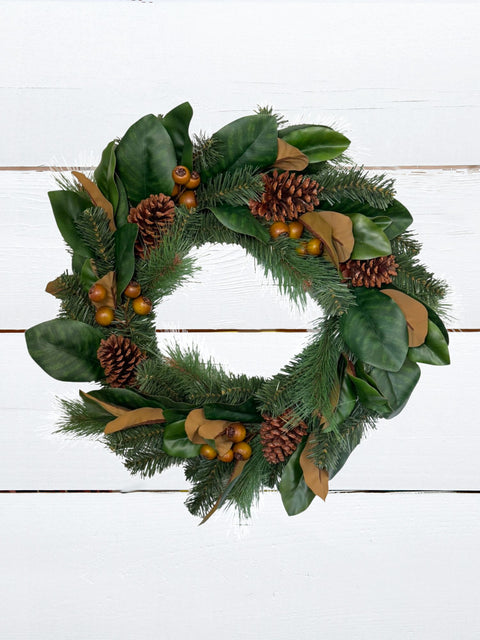 Pine & Magnolia Wreath with Berries & Pinecones – 24" (Artificial)