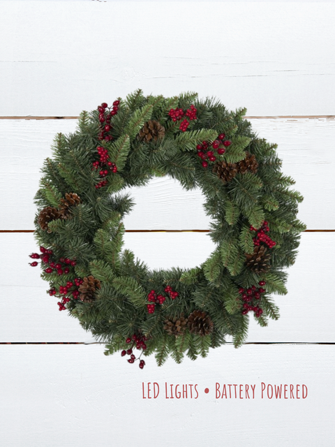 Banff Wreath with Cones & Berries LED Warm White – 24" (Artificial, Pre-Lit)