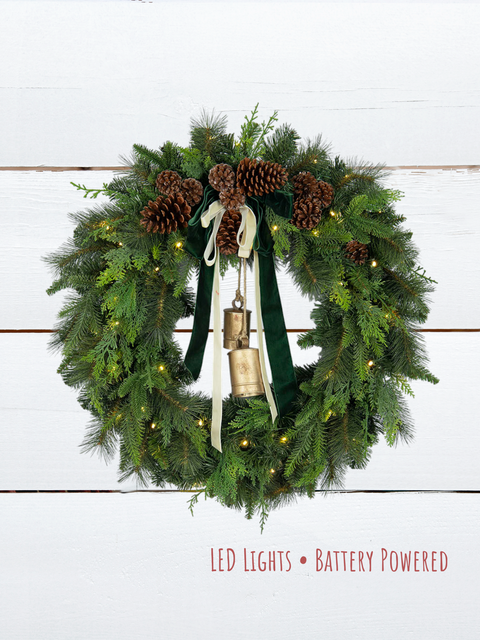 Pine, Cedar, Cone & Bow Wreath with Bells LED Warm White – 30" (Artificial, Pre-Lit)