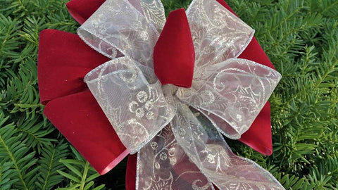Red Velvet / Silver Sheer with Gold Holly Glitter Combo Bow