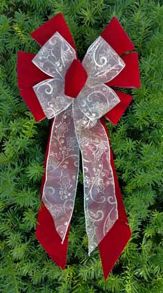 Red Velvet / Silver Sheer with Gold Holly Glitter Combo Bow