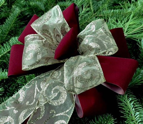 Red Velvet / Silver Sheer with Gold Holly Glitter Combo Bow