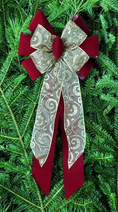 Red Velvet / Silver Sheer with Gold Holly Glitter Combo Bow