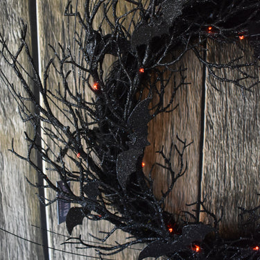 Black Twig Bat Wreath with Lights – 20"