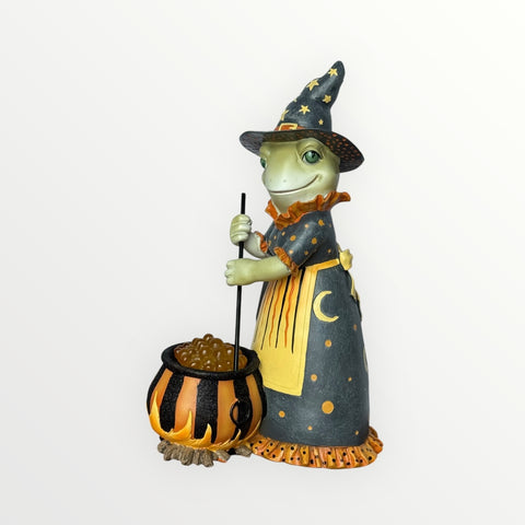 Resin Frog Witch with Light-Up Cauldron