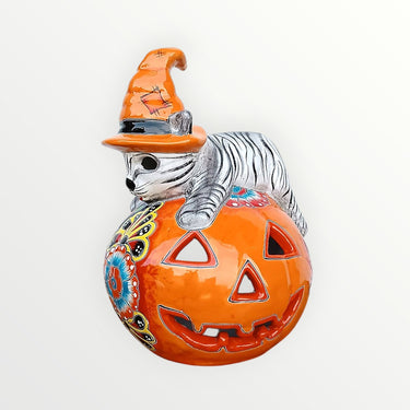 Talavera Colors Pumpkin with Cat Statue