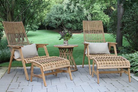 Bohemian Teak & Wicker Basket Lounger with End Table 5 Piece Set