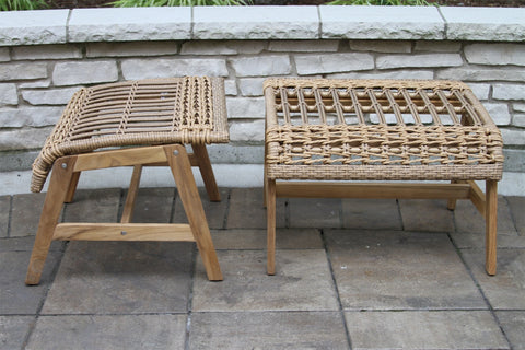 Bohemian Teak & Wicker Basket Lounger with End Table 5 Piece Set