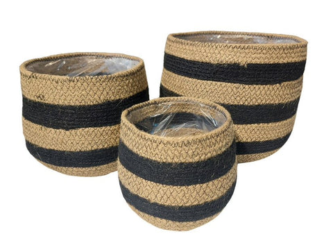 Black and Tan Jute Basket with Overstitching